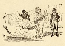 John Gilpin's horse splashes mud on a woman's dress, 1878, (c1918). Creator: Randolph Caldecott