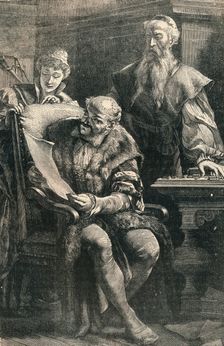 John Gutenberg Showing Part of the First Printed Book to Faust, (14th century), c1910