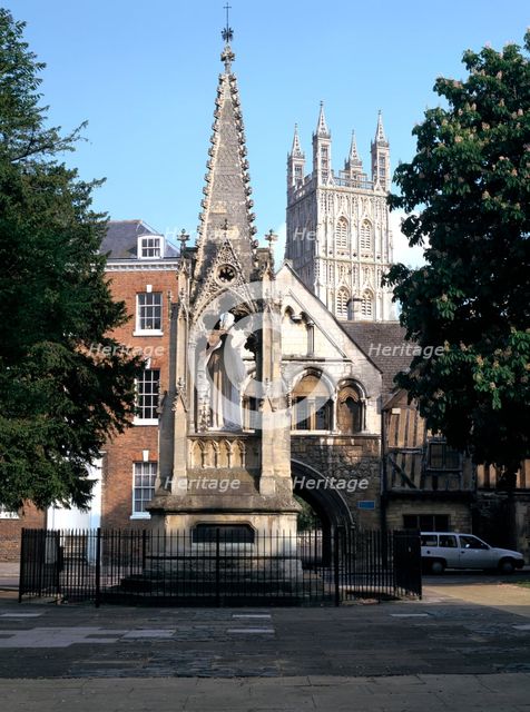 John Hooper Memorial, St Mary's Gate and Gloucester Cathedral, Gloucestershire. Creator: Peter Thompson.