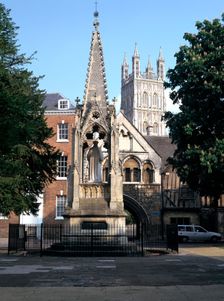 John Hooper Memorial, St Mary's Gate and Gloucester Cathedral, Gloucestershire. Creator: Peter Thompson