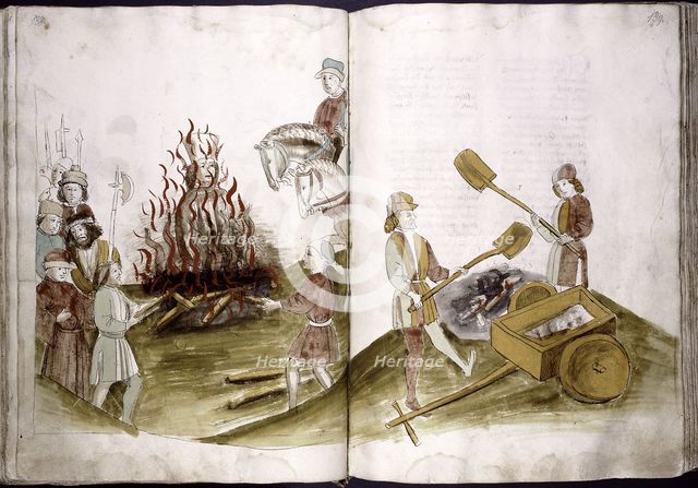 John Hus is burnt at the stake July 6, 1415 and his ashes are cast into the Rhine (from: Ulrich Richental Chronicle of the Coun, 1414-1418. Artist: Anonymous  