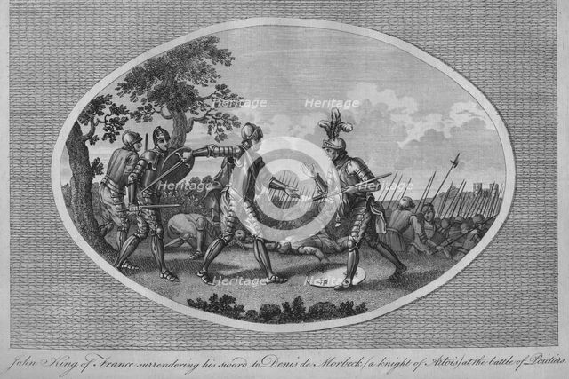 John II of France surrendering his sword to Denis de Morbeck at the Battle of Poitiers, 1356 (1793). Artist: Unknown.