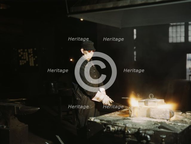 John Kelseh [i.e., Kelsch], blacksmith, at his forge..., Rock Island R.R., Blue Island, Ill., 1943. Creator: Jack Delano.