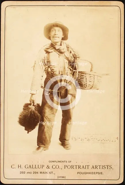 John King, chimney sweep, shown with gear while singing out his call, ca. 1880 - 1889. Creator: CH Gallup & Co.