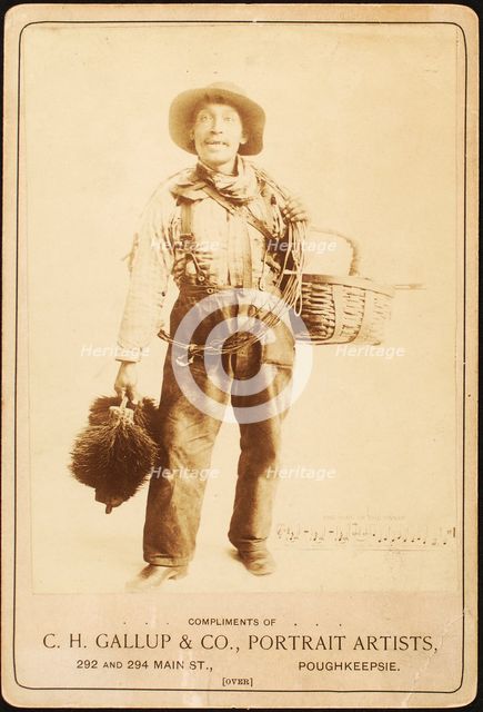 John King, chimney sweep, shown with gear while singing out his call, ca. 1880 - 1889. Creator: CH Gallup & Co.
