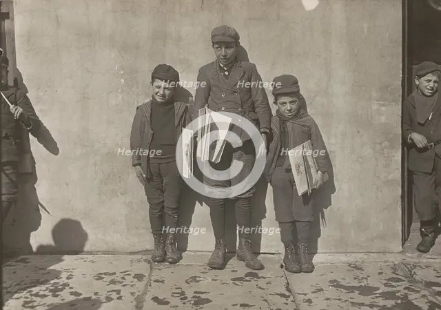 John Pento, 14 years old, Daniel and Angelo Pento, 7 years old, selling newspapers..., 3348. Creator: Lewis Wickes Hine.