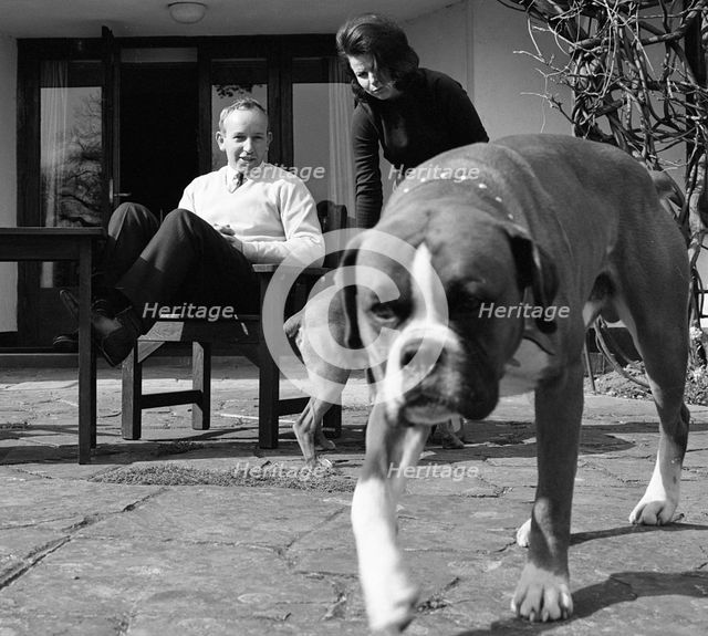 John Surtees relaxes at home with his wife and pet dogs in 1966. Creator: Unknown.