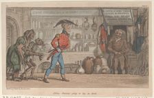 Johnny Newcome going to lay in Stock, from "The Military Adventures of Johnny Newcome", 1815., 1815. Creator: Thomas Rowlandson
