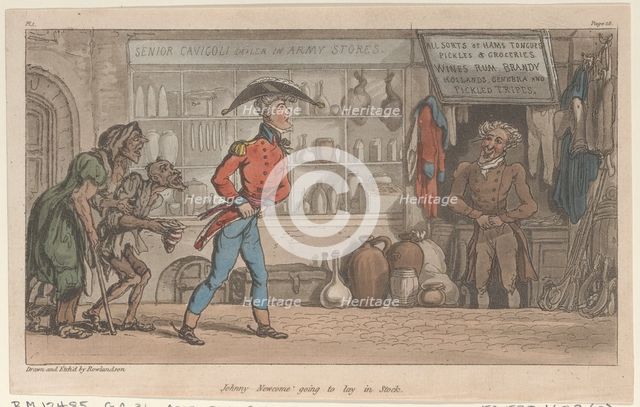 Johnny Newcome going to lay in Stock, from "The Military Adventures of Johnny Newcome", 1815., 1815. Creator: Thomas Rowlandson.