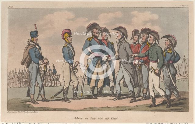 Johnny on Duty with his Chief, from "The Military Adventures of Johnny Newcome", 1815., 1815. Creator: Thomas Rowlandson.