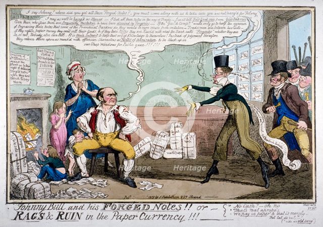 'Johnny Bull and his forged notes!!!', 1819.                     Artist: George Cruikshank