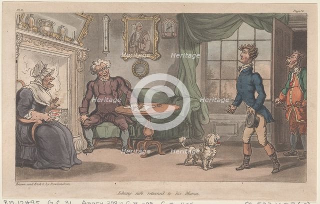 Johnny safe returned to his Mama, from "The Military Adventures of Johnny Newcome", 1815., 1815. Creator: Thomas Rowlandson.