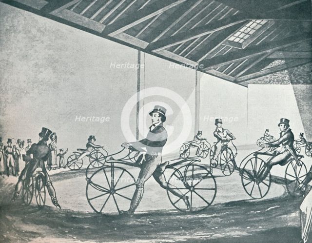 'Johnson's Pedestrian Hobby-Horse Riding School at 377, Strand', 1819, (1912). Artist: Unknown.