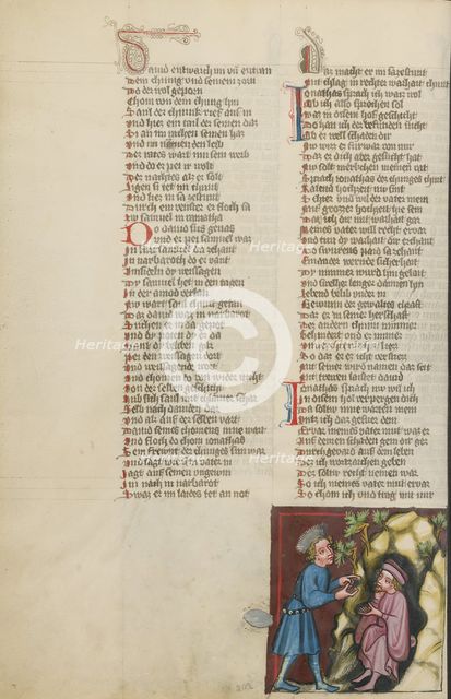Jonathan Visiting David in the Cave; Weltchronik, about 1400-1410. Creator: Unknown.