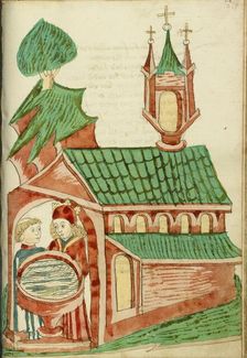 Josaphat and a Priest near a Church Baptismal Font; Barlaam und Josaphat, 1469. Creators: Hans Schilling, Diebolt Lauber