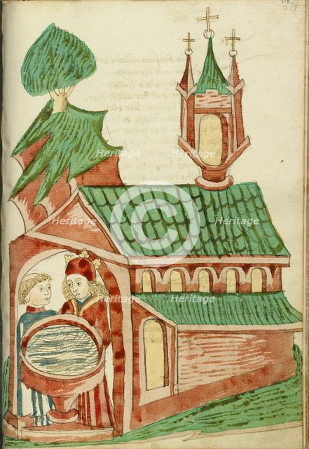 Josaphat and a Priest near a Church Baptismal Font; Barlaam und Josaphat, 1469. Creators: Hans Schilling, Diebolt Lauber.