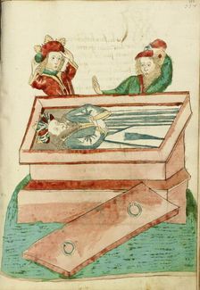 Josaphat and Another Man Mourn the Dead King Avenir in his Coffin; Barlaam und Josaphat, 1469. Creators: Hans Schilling, Diebolt Lauber