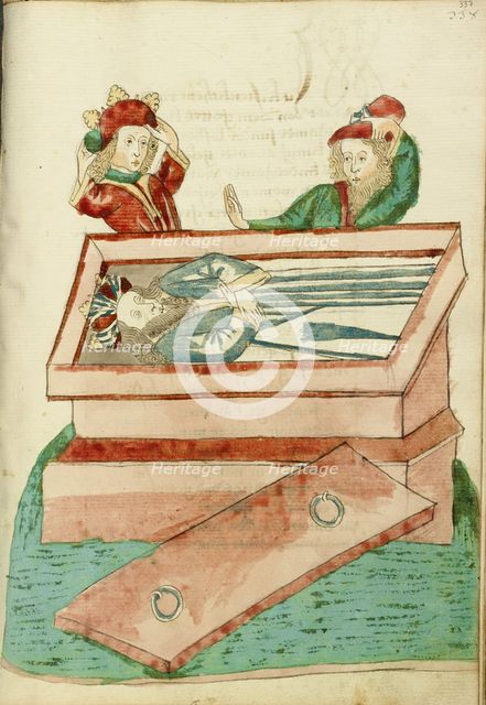 Josaphat and Another Man Mourn the Dead King Avenir in his Coffin; Barlaam und Josaphat, 1469. Creators: Hans Schilling, Diebolt Lauber.
