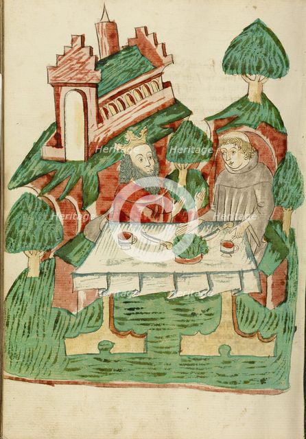 Josaphat and Barlaam Share a Meal; Barlaam und Josaphat, 1469. Creators: Hans Schilling, Diebolt Lauber.