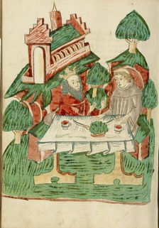 Josaphat and Barlaam Share a Meal; Barlaam und Josaphat, 1469. Creators: Hans Schilling, Diebolt Lauber