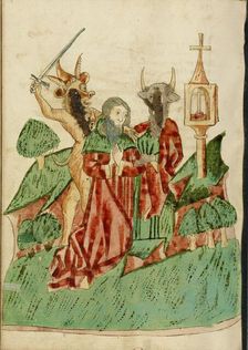 Josaphat Attacked by Two Demons; Barlaam und Josaphat, 1469. Creators: Hans Schilling, Diebolt Lauber