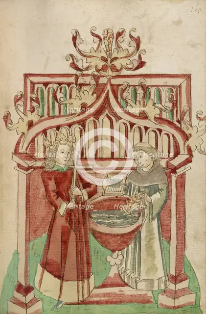 Josaphat before the Baptismal Font with a Tonsured Cleric; Barlaam und Josaphat, 1469. Creators: Hans Schilling, Diebolt Lauber.