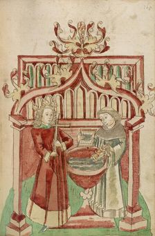Josaphat before the Baptismal Font with a Tonsured Cleric; Barlaam und Josaphat, 1469. Creators: Hans Schilling, Diebolt Lauber