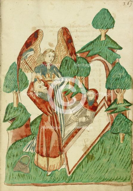 Josaphat buries Barlaam, while an Angel Holds his Crown; Barlaam und Josaphat, 1469. Creators: Hans Schilling, Diebolt Lauber.