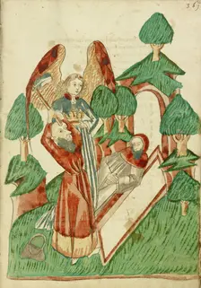 Josaphat buries Barlaam, while an Angel Holds his Crown; Barlaam und Josaphat, 1469. Creators: Hans Schilling, Diebolt Lauber