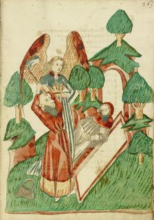 Josaphat buries Barlaam, while an Angel Holds his Crown; Barlaam und Josaphat, 1469. Creators: Hans Schilling, Diebolt Lauber
