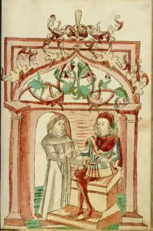 Josaphat Enthroned Speaking to Barlaam Dressed as a Monk; Barlaam und Josaphat, 1469. Creators: Hans Schilling, Diebolt Lauber