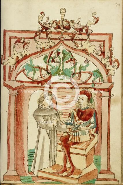 Josaphat Enthroned Speaking to Barlaam Dressed as a Monk; Barlaam und Josaphat, 1469. Creators: Hans Schilling, Diebolt Lauber.