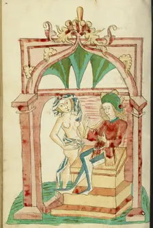 Josaphat Enthroned Tempted by a Naked Woman; Barlaam und Josaphat, 1469. Creators: Hans Schilling, Diebolt Lauber
