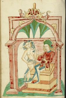 Josaphat Enthroned Tempted by a Naked Woman; Barlaam und Josaphat, 1469. Creators: Hans Schilling, Diebolt Lauber