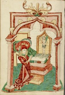 Josaphat Kneels before an Altar with the Man of Sorrows; Barlaam und Josaphat, 1469. Creators: Hans Schilling, Diebolt Lauber