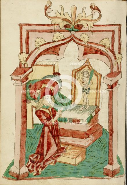 Josaphat Kneels before an Altar with the Man of Sorrows; Barlaam und Josaphat, 1469. Creators: Hans Schilling, Diebolt Lauber.
