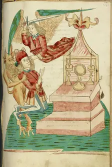 Josaphat in Prayer is Tempted by the Devil But Protected by an Angel; Barlaam und Josaphat, 1469. Creators: Hans Schilling, Diebolt Lauber