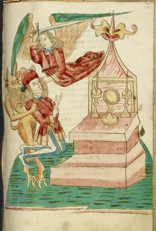 Josaphat in Prayer is Tempted by the Devil But Protected by an Angel; Barlaam und Josaphat, 1469. Creators: Hans Schilling, Diebolt Lauber