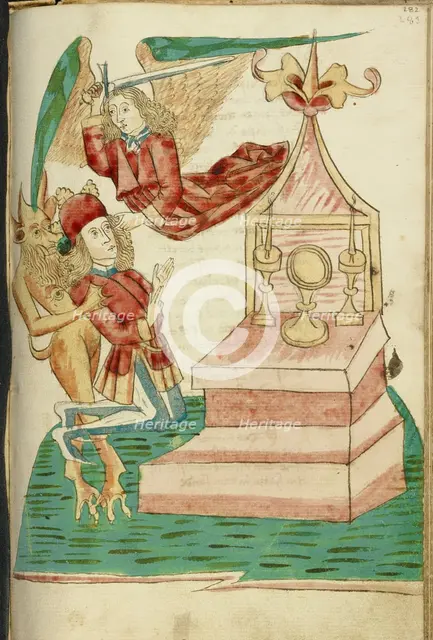 Josaphat in Prayer is Tempted by the Devil But Protected by an Angel; Barlaam und Josaphat, 1469. Creators: Hans Schilling, Diebolt Lauber.