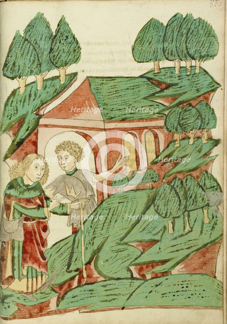 Josaphat meets a Hermit; Barlaam und Josaphat, 1469. Creators: Hans Schilling, Diebolt Lauber.