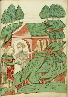 Josaphat meets a Hermit; Barlaam und Josaphat, 1469. Creators: Hans Schilling, Diebolt Lauber