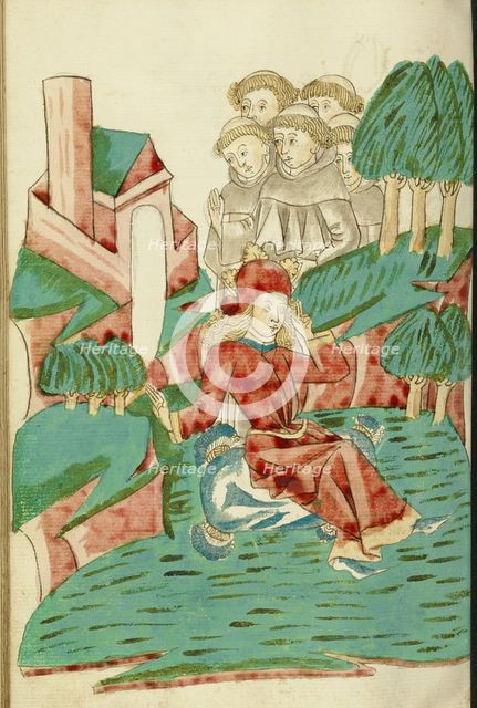 Josaphat sits Dreaming in a Landscape, with Several Monks in the Background, 1469. Creators: Hans Schilling, Diebolt Lauber.