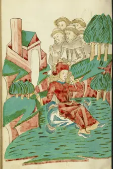 Josaphat sits Dreaming in a Landscape, with Several Monks in the Background, 1469. Creators: Hans Schilling, Diebolt Lauber
