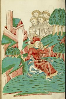 Josaphat sits Dreaming in a Landscape, with Several Monks in the Background, 1469. Creators: Hans Schilling, Diebolt Lauber