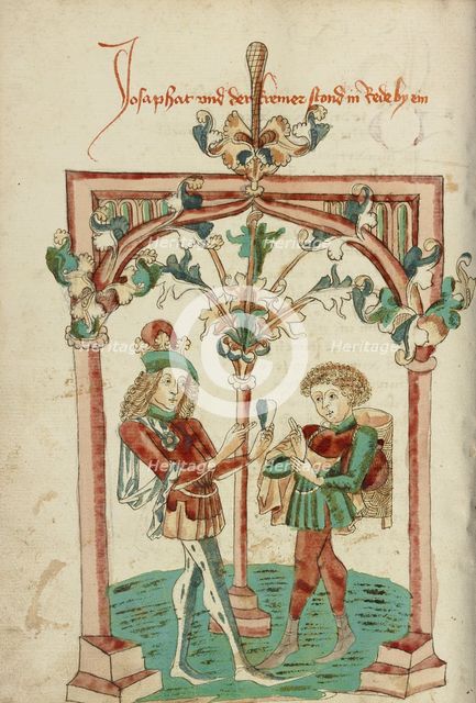 Josaphat Speaking to the Merchant Barlaam about the Precious Gem; Barlaam und Josaphat, 1469. Creators: Hans Schilling, Diebolt Lauber.