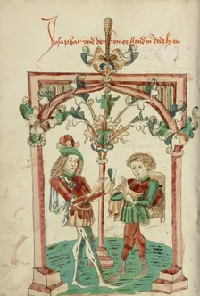 Josaphat Speaking to the Merchant Barlaam about the Precious Gem; Barlaam und Josaphat, 1469. Creators: Hans Schilling, Diebolt Lauber