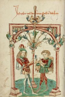 Josaphat Speaking to the Merchant Barlaam about the Precious Gem; Barlaam und Josaphat, 1469. Creators: Hans Schilling, Diebolt Lauber