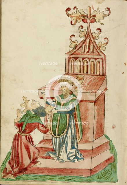 Josaphat receives Communion from Barlaam; Barlaam und Josaphat, 1469. Creators: Hans Schilling, Diebolt Lauber.
