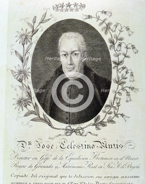 José Celestino Mutis (1732-1808), Spanish-Colombian naturalist, engraving.