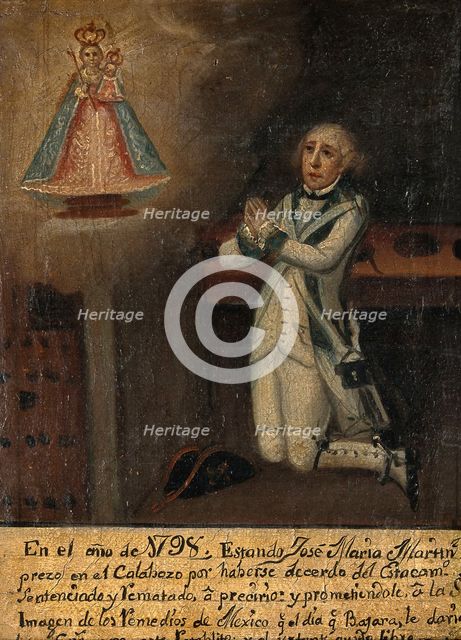 José Maria Martinez in prison praying to the Virgin of Remedies of Mexico, 1798, 1798. Creator: Unknown.